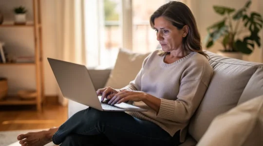 Propietaria española consultando tasación inmobiliaria gratuita en ordenador portátil
