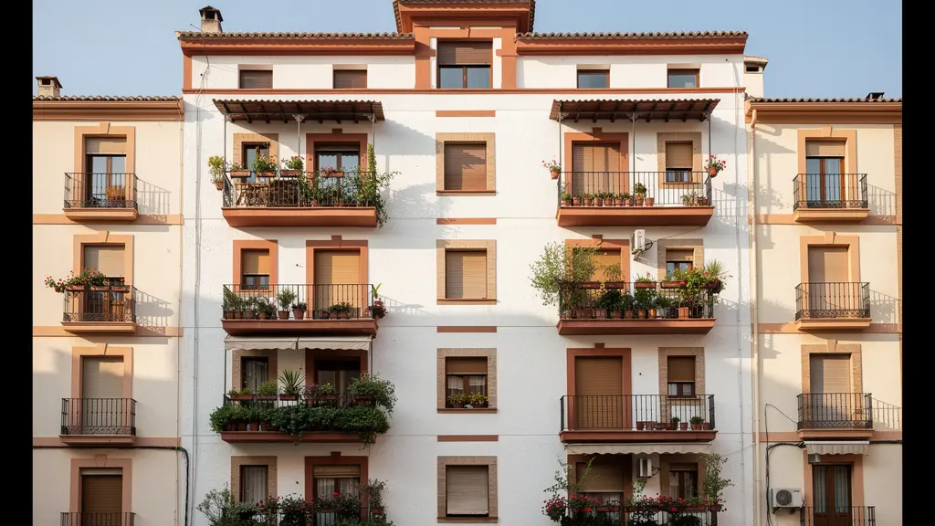 Fachada típica de edificio residencial español con balcones para tasación inmobiliaria Fachada típica de edificio residencial español con balcones para tasación inmobiliaria