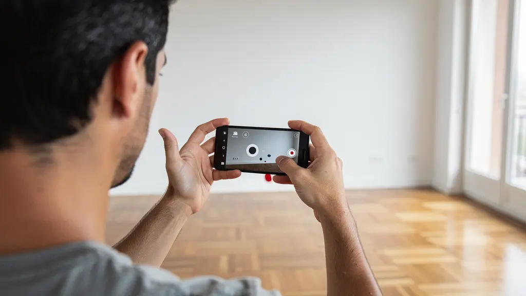 Propietario usando smartphone para documentar vivienda antes de tasación online gratuita Propietario usando smartphone para documentar vivienda antes de tasación online gratuita